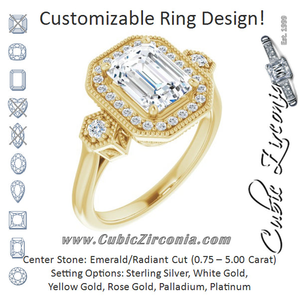 Cubic Zirconia Engagement Ring- The Pacifica (Customizable Cathedral Emerald Cut Design with Halo and Delicate Milgrain)