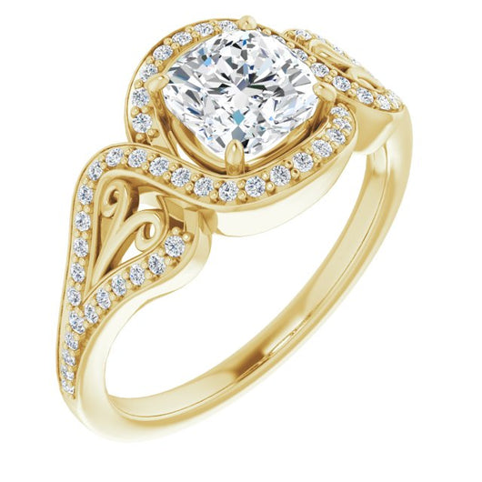 10K Yellow Gold Customizable Cushion Cut Design with Bypass Halo and Split-Shared Prong Band