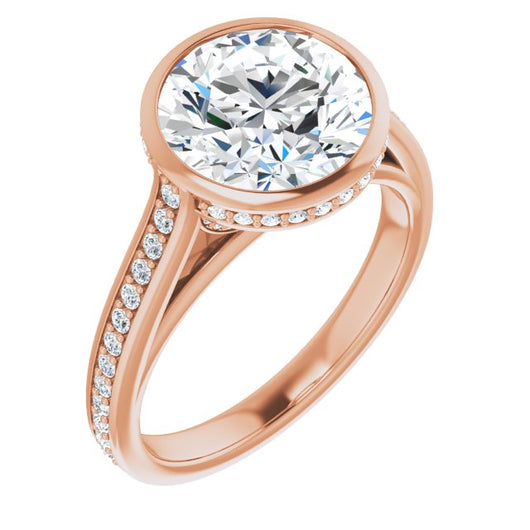 10K Rose Gold Customizable Cathedral-Bezel Round Cut Design with Under Halo and Shared Prong Band