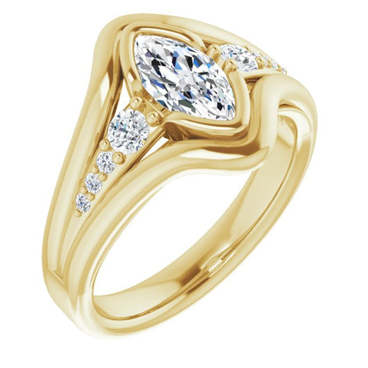 10K Yellow Gold Customizable 9-stone Marquise Cut Design with Bezel Center, Wide Band and Round Prong Side Stones