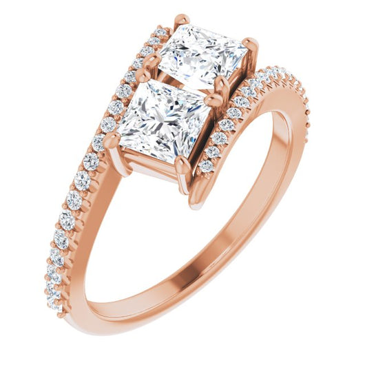 10K Rose Gold Customizable Double Princess/Square Cut 2-stone Design with Ultra-thin Bypass Band and Pavé Enhancement