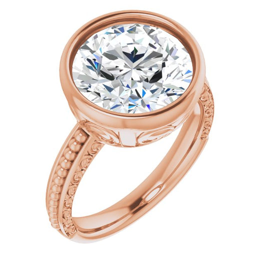 10K Rose Gold Customizable Bezel-set Round Cut Solitaire with Beaded and Carved Three-sided Band