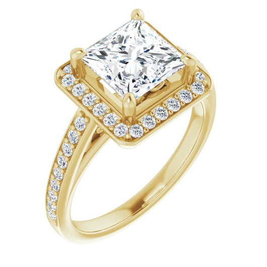 10K Yellow Gold Customizable Princess/Square Cut Style with Halo and Sculptural Trellis