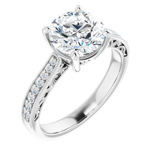 10K White Gold Customizable Round Cut Design with Round Band Accents and Three-sided Filigree Engraving