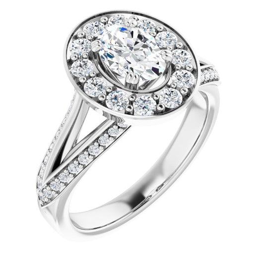 10K White Gold Customizable Oval Cut Center with Large-Accented Halo and Split Shared Prong Band