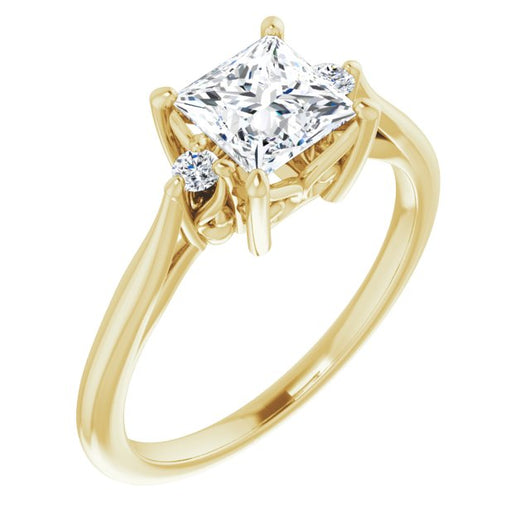 10K Yellow Gold Customizable Three-stone Princess/Square Cut Design with Small Round Accents and Vintage Trellis/Basket