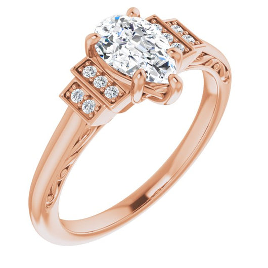 10K Rose Gold Customizable Engraved Design with Pear Cut Center and Perpendicular Band Accents