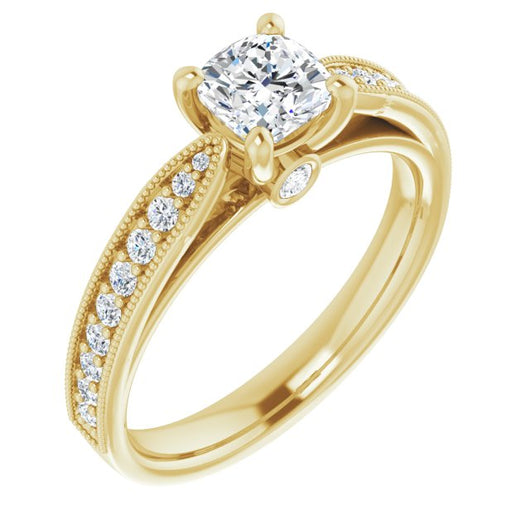 10K Yellow Gold Customizable Cushion Cut Style featuring Milgrained Shared Prong Band & Dual Peekaboos