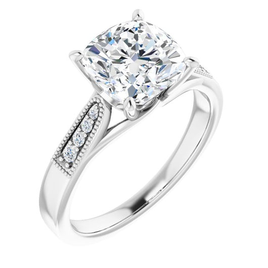 10K White Gold Customizable 9-stone Vintage Design with Cushion Cut Center and Round Band Accents