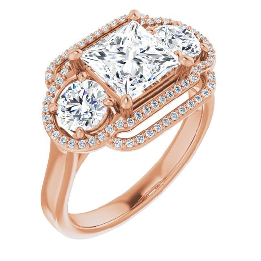 10K Rose Gold Customizable Cathedral-set Enhanced 3-stone Princess/Square Cut Design with Multidirectional Halo