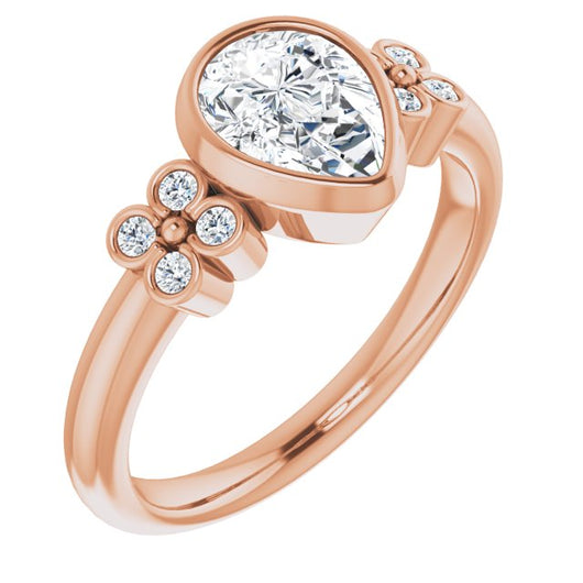 10K Rose Gold Customizable 9-stone Bezel-set Pear Cut Design with Quad Round Bezel Side Stones Each Side