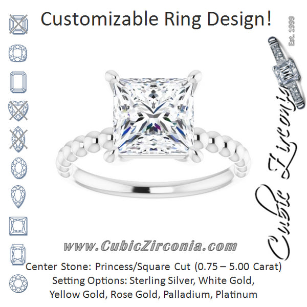 Cubic Zirconia Engagement Ring- The Hattie (Customizable Princess/Square Cut Solitaire with Thin Beaded-Bubble Band)