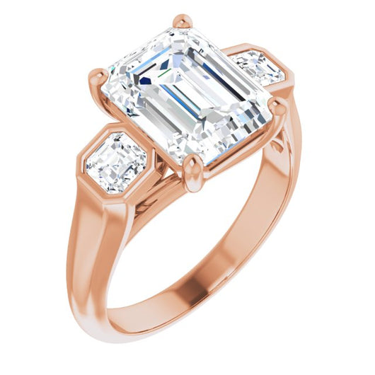 10K Rose Gold Customizable 3-stone Cathedral Emerald/Radiant Cut Design with Twin Asscher Cut Side Stones