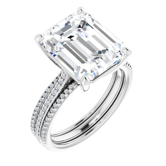 10K White Gold Customizable Emerald/Radiant Cut Center with Wide Pavé Accented Band