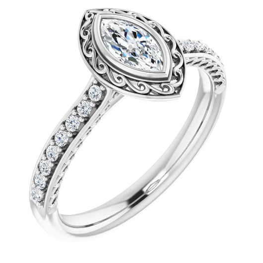 10K White Gold Customizable Cathedral-Bezel Marquise Cut Design featuring Accented Band with Filigree Inlay