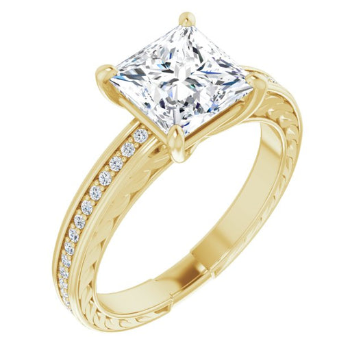 10K Yellow Gold Customizable Princess/Square Cut Design with Rope-Filigree Hammered Inlay & Round Channel Accents