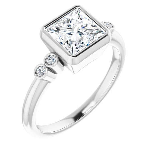 10K White Gold Customizable 5-stone Bezel-set Princess/Square Cut Design with Quad Round-Bezel Side Stones