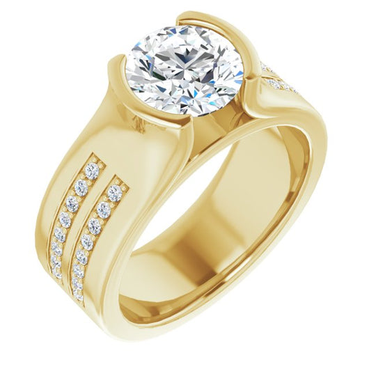 10K Yellow Gold Customizable Bezel-set Round Cut Design with Thick Band featuring Double-Row Shared Prong Accents