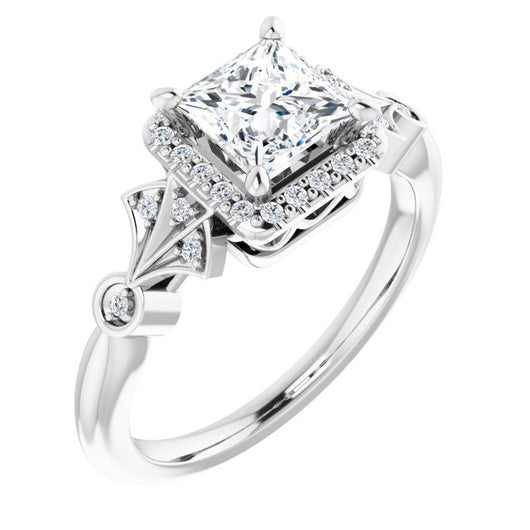 10K White Gold Customizable Cathedral-Crown Princess/Square Cut Design with Halo and Scalloped Side Stones