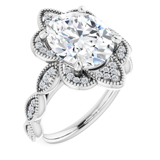 10K White Gold Customizable Cathedral-style Oval Cut Design with Floral Segmented Halo & Milgrain+Accents Band