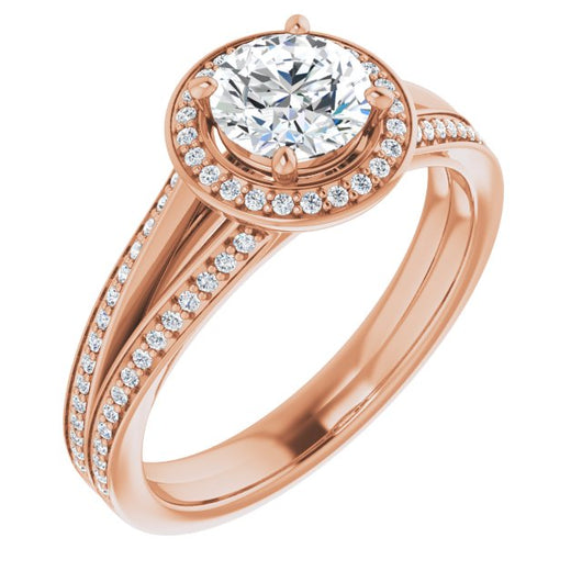 10K Rose Gold Customizable Round Cut Design with Split-Band Shared Prong & Halo