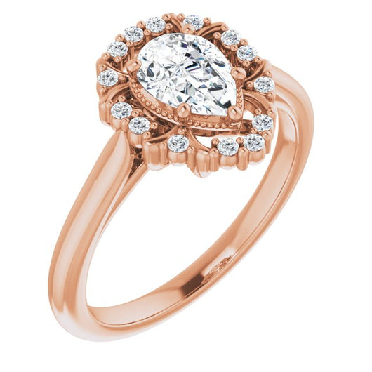 10K Rose Gold Customizable Pear Cut Design with Majestic Crown Halo and Raised Illusion Setting