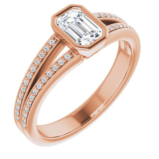 10K Rose Gold Customizable Bezel-set Emerald/Radiant Cut Design with Split Shared Prong Band