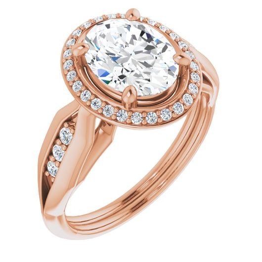 10K Rose Gold Customizable Cathedral-raised Oval Cut Design with Halo and Tri-Cluster Band Accents