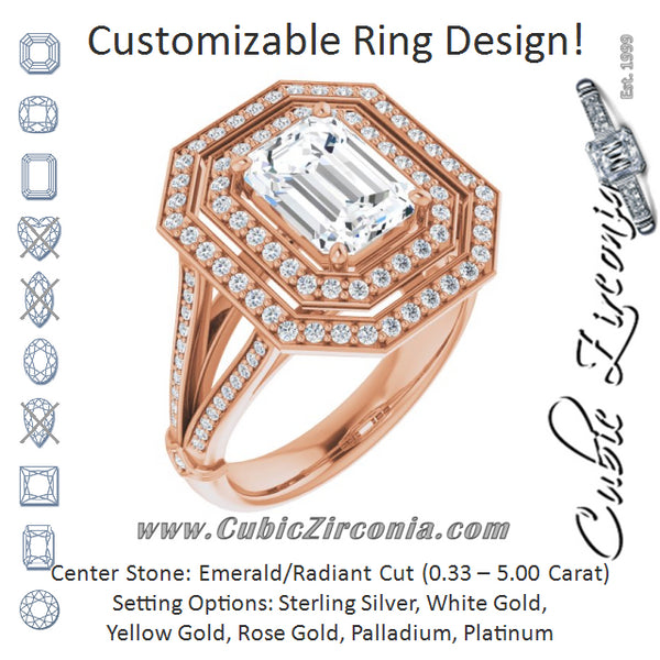 Cubic Zirconia Engagement Ring- The Chaunte (Customizable Cathedral-set Emerald Cut Design with Double Halo, Wide Split-Shared Prong Band and Side Knuckle Accents)