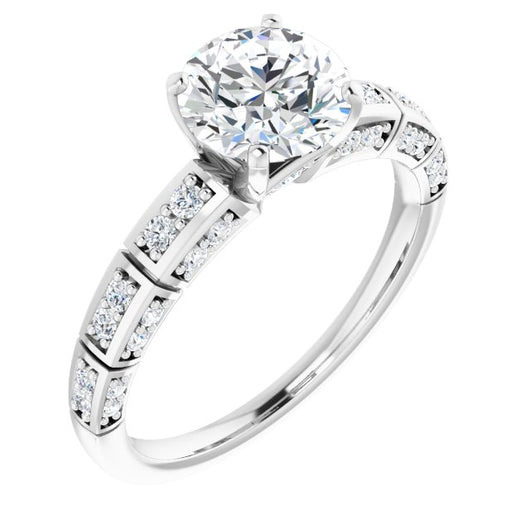 10K White Gold Customizable Round Cut Style with Three-sided, Segmented Shared Prong Band