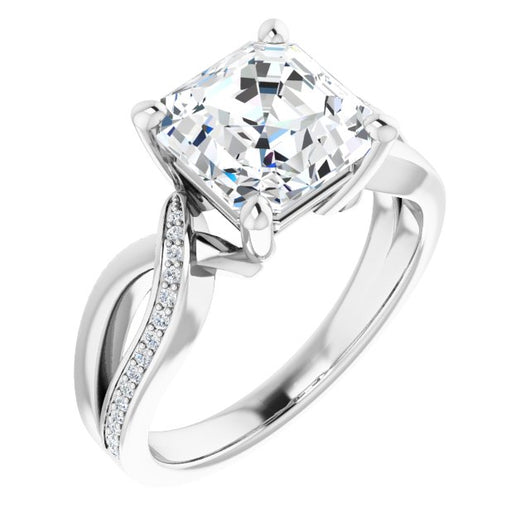 10K White Gold Customizable Asscher Cut Center with Curving Split-Band featuring One Shared Prong Leg