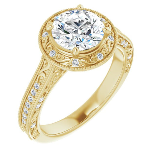 10K Yellow Gold Customizable Vintage Artisan Round Cut Design with 3-Sided Filigree and Side Inlay Accent Enhancements