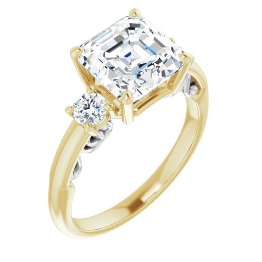 14K Yellow & White Gold Customizable Asscher Cut 3-stone Style featuring Heart-Motif Band Enhancement