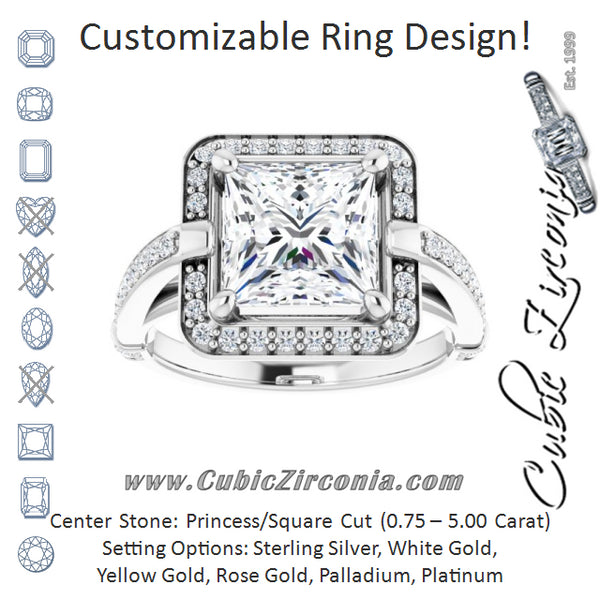 Cubic Zirconia Engagement Ring- The Ebba (Customizable High-Cathedral Princess/Square Cut Design with Halo and Shared Prong Band)