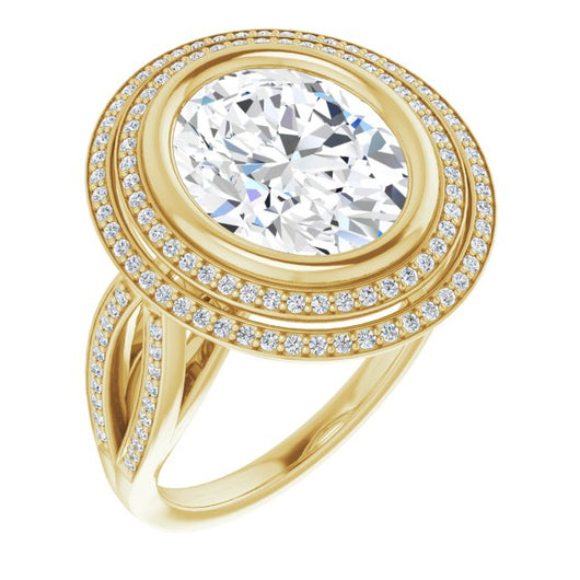 10K Yellow Gold Customizable Bezel-set Oval Cut Style with Double Halo and Split Shared Prong Band