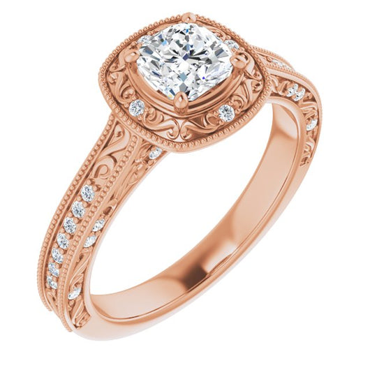 10K Rose Gold Customizable Vintage Artisan Cushion Cut Design with 3-Sided Filigree and Side Inlay Accent Enhancements