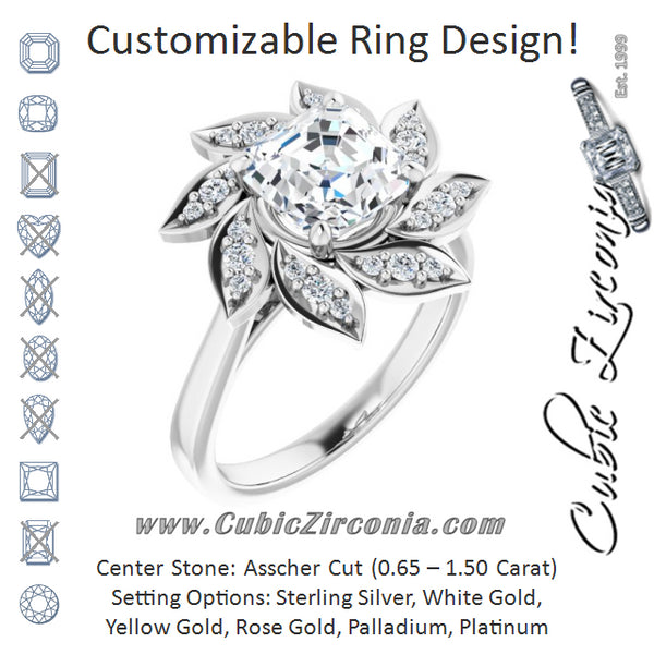 Cubic Zirconia Engagement Ring- The Xiùying (Customizable Asscher Cut Design with Artisan Floral Halo)