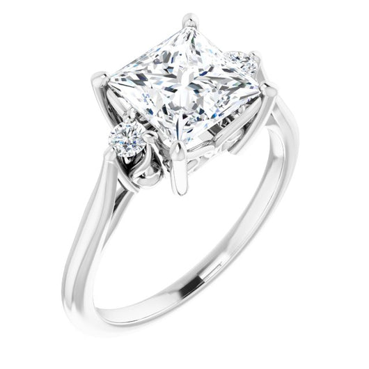 10K White Gold Customizable Three-stone Princess/Square Cut Design with Small Round Accents and Vintage Trellis/Basket