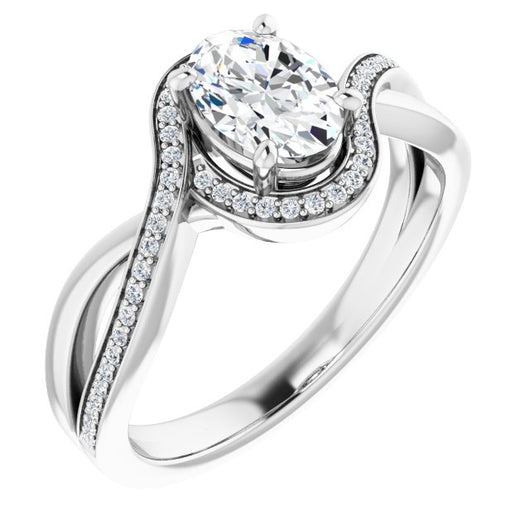 10K White Gold Customizable Bypass-Halo-Accented Oval Cut Center with Twisting Split Shared Prong Band