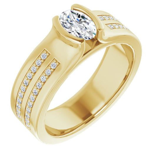 10K Yellow Gold Customizable Bezel-set Oval Cut Design with Thick Band featuring Double-Row Shared Prong Accents