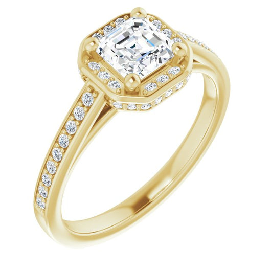 10K Yellow Gold Customizable Cathedral-Halo Asscher Cut Design with Under-halo & Shared Prong Band