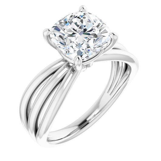 10K White Gold Customizable Cushion Cut Solitaire Design with Wide, Ribboned Split-band