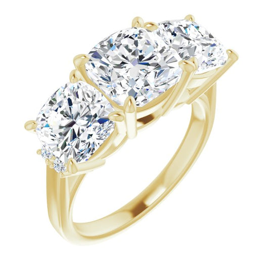 10K Yellow Gold Customizable Triple Cushion Cut Design with Quad Vertical-Oriented Round Accents