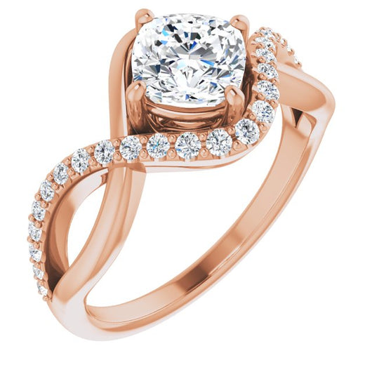 10K Rose Gold Customizable Cushion Cut Design with Semi-Accented Twisting Infinity Bypass Split Band and Half-Halo