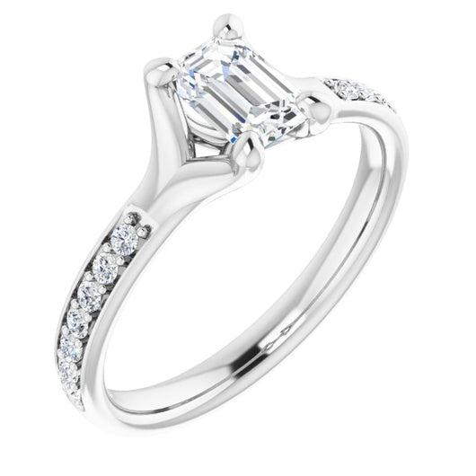 10K White Gold Customizable Heavy Prong-Set Emerald/Radiant Cut Style with Round Cut Band Accents