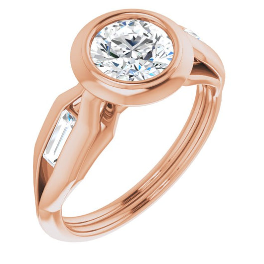 10K Rose Gold Customizable Bezel-set Round Cut Design with Wide Split Band & Tension-Channel Baguette Accents