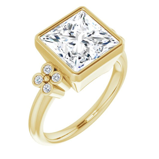 10K Yellow Gold Customizable 9-stone Bezel-set Princess/Square Cut Design with Quad Round Bezel Side Stones Each Side