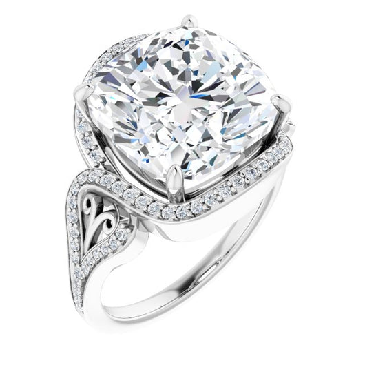 10K White Gold Customizable Cushion Cut Design with Bypass Halo and Split-Shared Prong Band