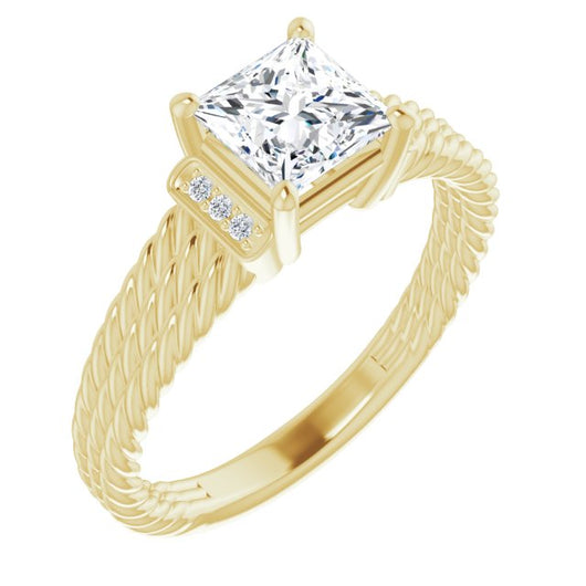 10K Yellow Gold Customizable 11-stone Design featuring Princess/Square Cut Center, Vertical Round-Channel Accents & Wide Triple-Rope Band