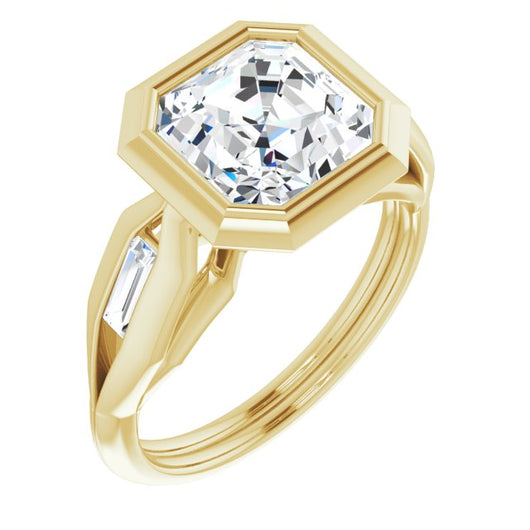 10K Yellow Gold Customizable Bezel-set Asscher Cut Design with Wide Split Band & Tension-Channel Baguette Accents